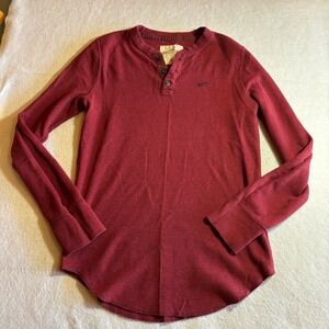 Hollister Mens‎ Burgundy Waffle Knit Long Sleeve Henley Shirt Size Medium